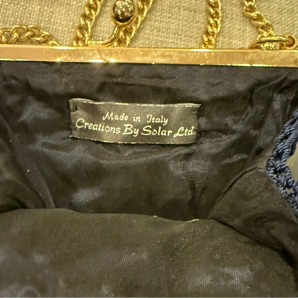 Vintage Crochet Navy Blue Gold Chain Kiss Lock Bag by Solar LTD Italy